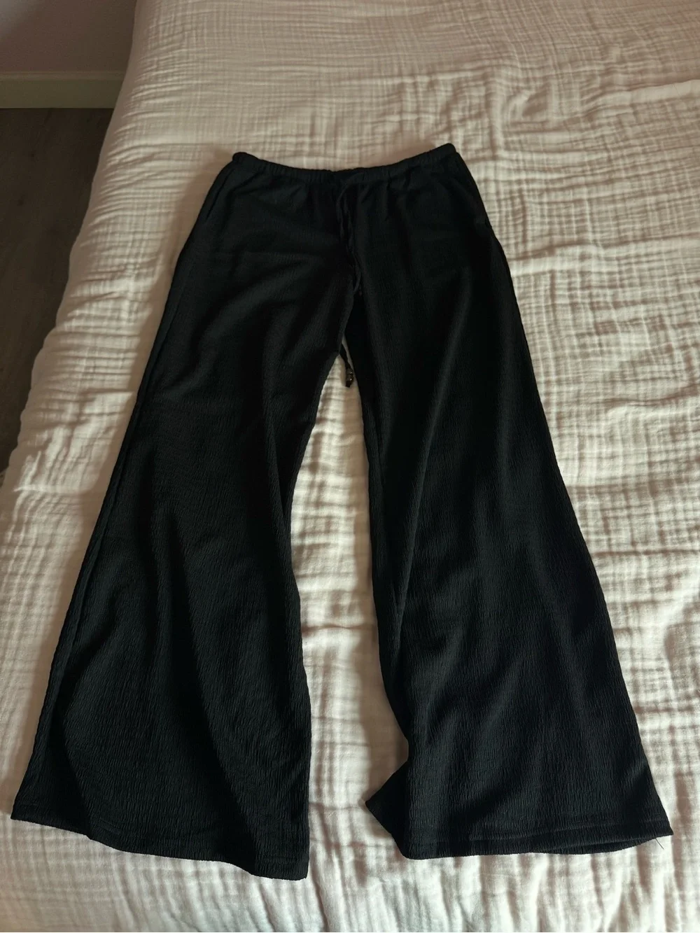Textured Low Rise Drawstring Flare Leg Pants